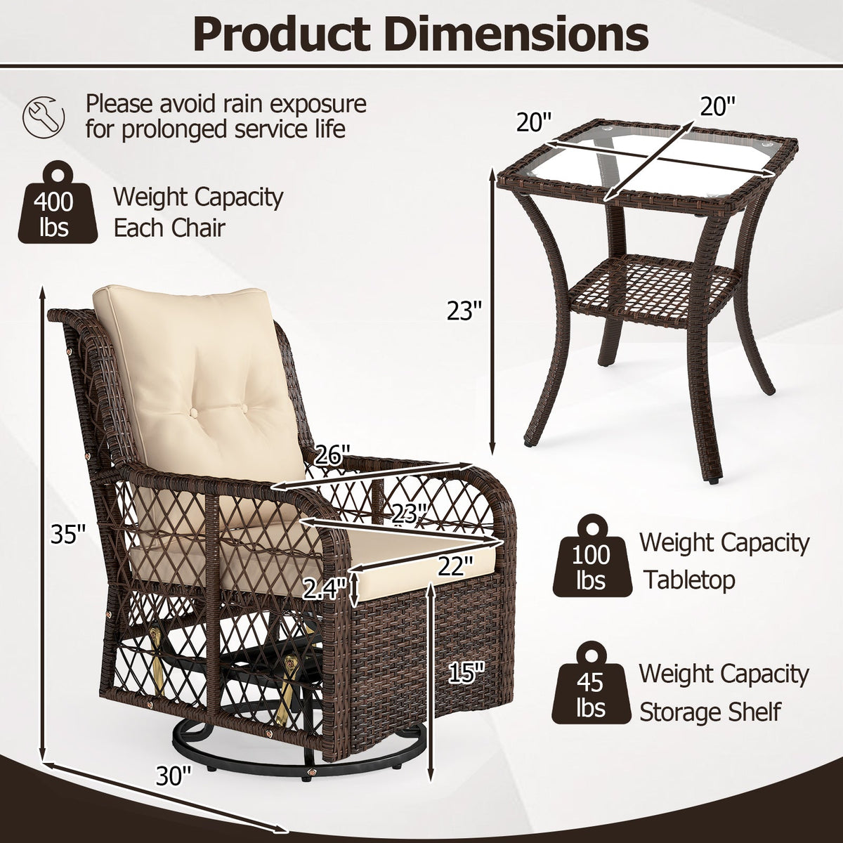 3-Piece Wicker Swivel Glider Patio Set with Side Table