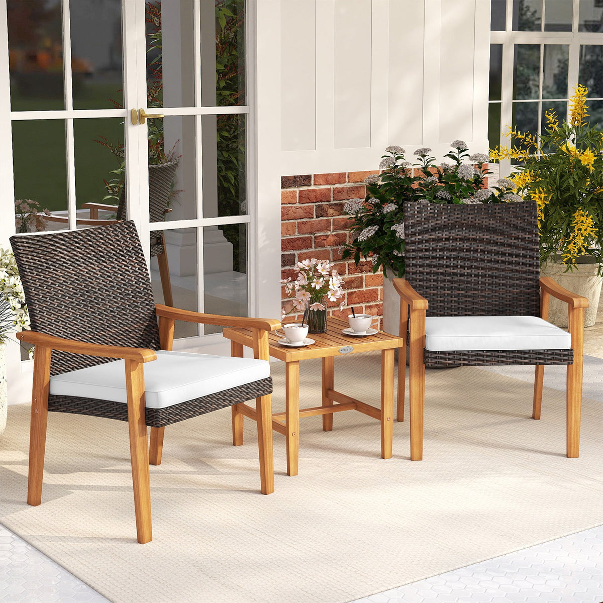 3-Piece PE Wicker & Acacia Wood Patio Bistro Set – White