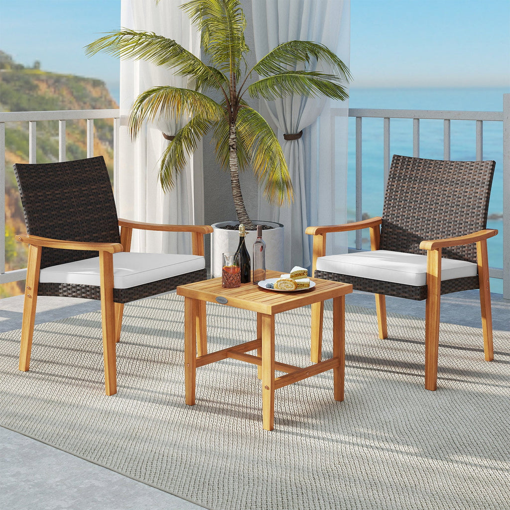 3-Piece PE Wicker & Acacia Wood Patio Bistro Set – White