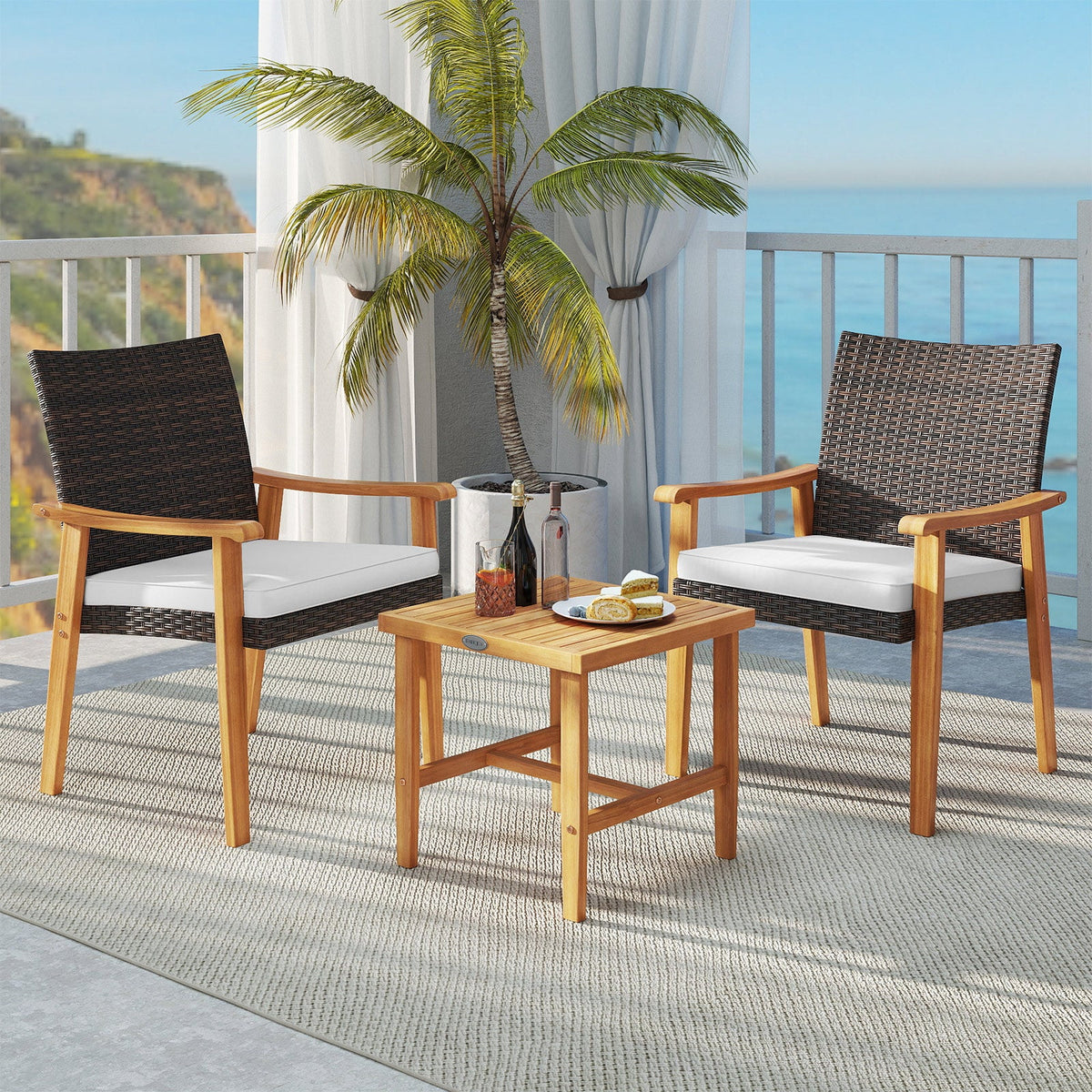 3-Piece PE Wicker & Acacia Wood Patio Bistro Set – White
