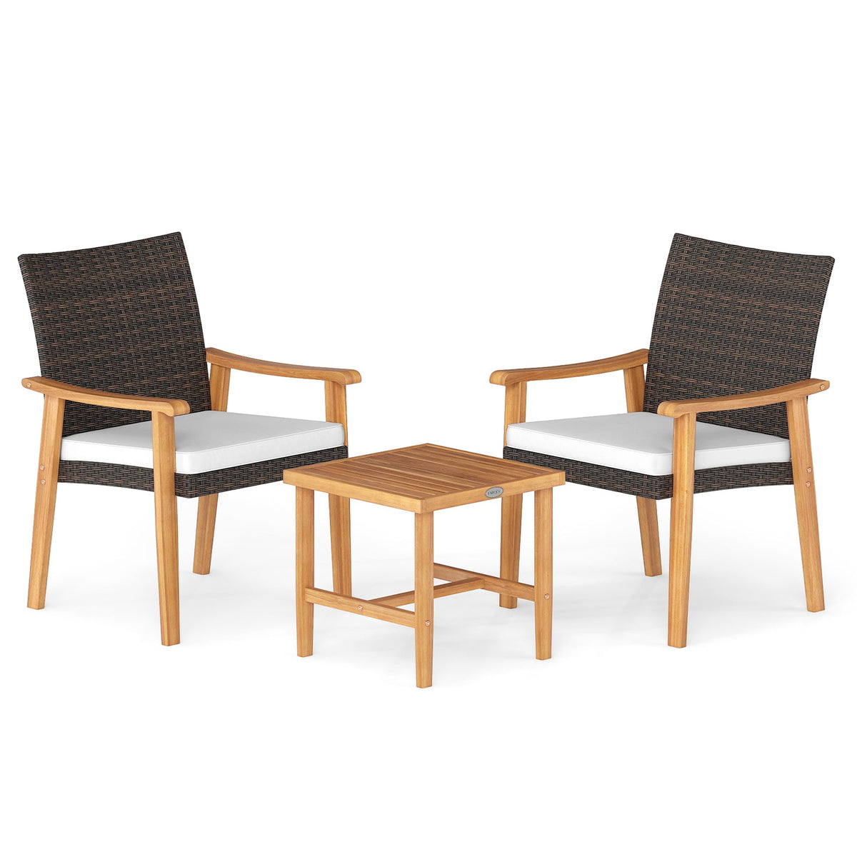 3-Piece PE Wicker & Acacia Wood Patio Bistro Set – White