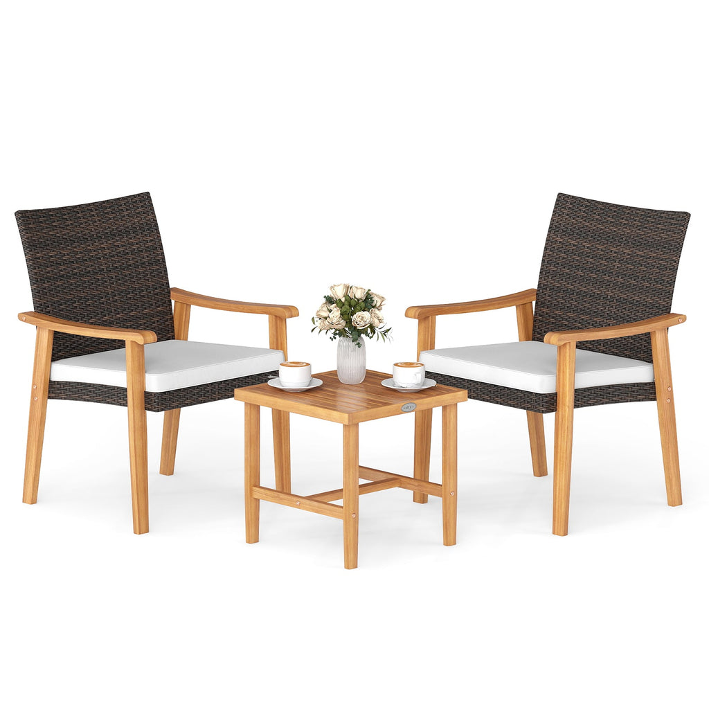 3-Piece PE Wicker & Acacia Wood Patio Bistro Set – White