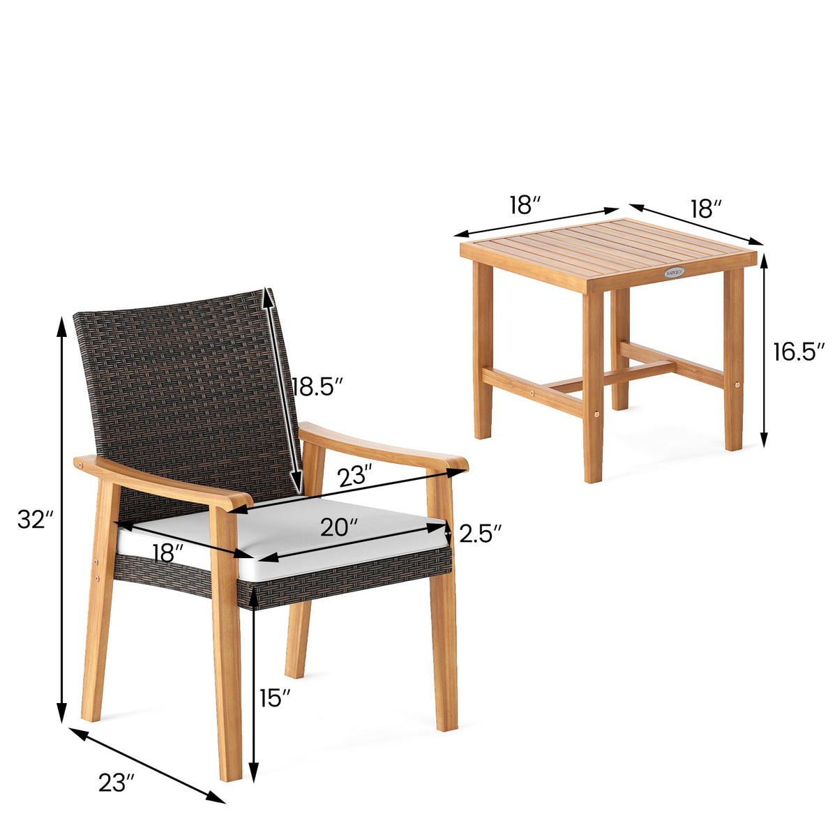 3-Piece PE Wicker & Acacia Wood Patio Bistro Set – White