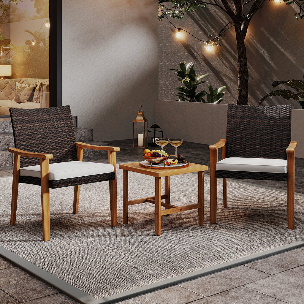 3-Piece PE Wicker & Acacia Wood Patio Bistro Set – White