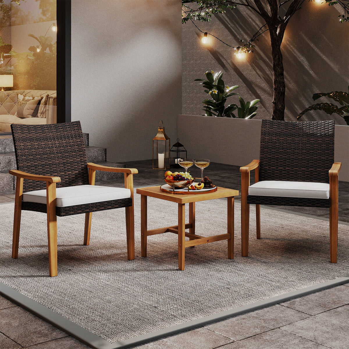 3-Piece PE Wicker & Acacia Wood Patio Bistro Set – White