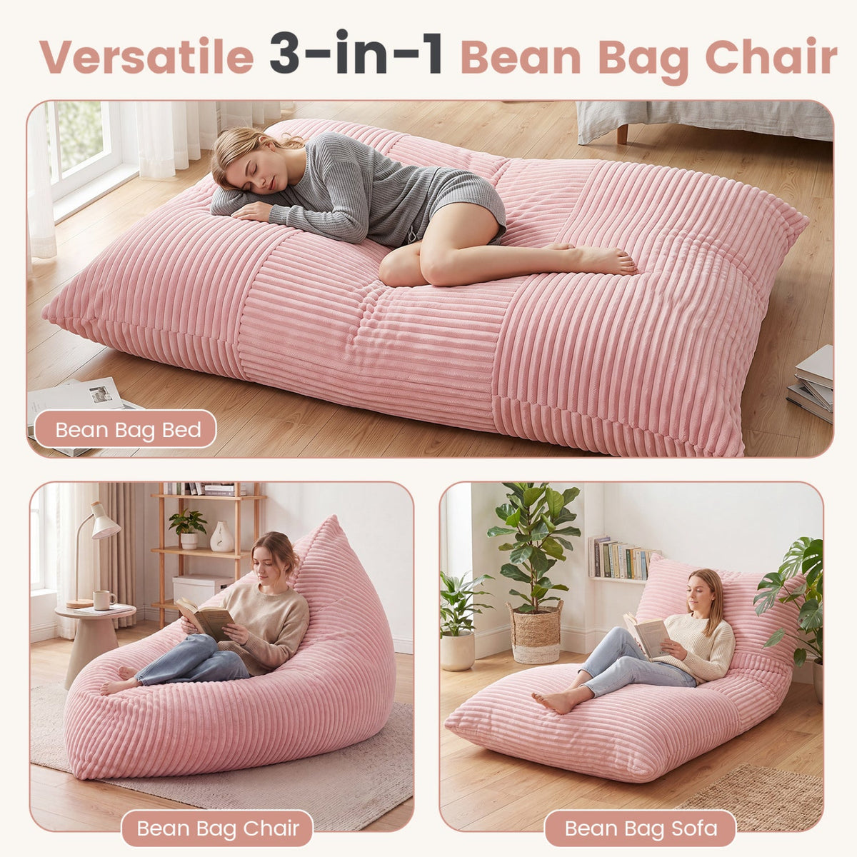 3-in-1 Corduroy Convertible Bean Bag Chair, Sofa & Bed