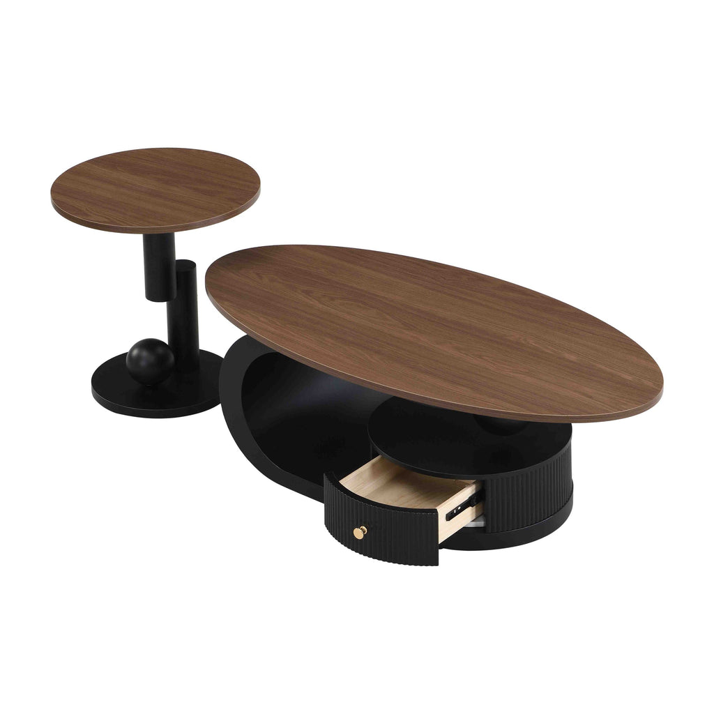 Luxury Nesting Coffee Table Set of 2,  Tables with Storage for Living Room, Oval and Round Table Set, Black Center Table, Cocktail Table, Side Table,  Large 47.24'', Small 19.69''