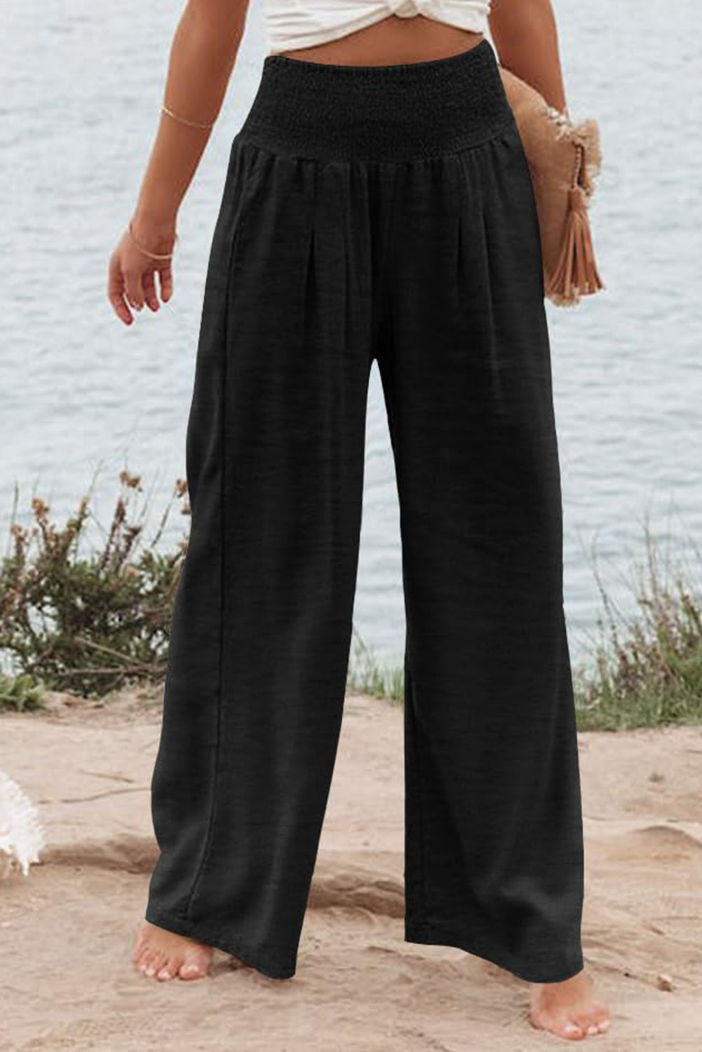 Women's Plus Size Shirred-Waist Wide-Leg Pants
