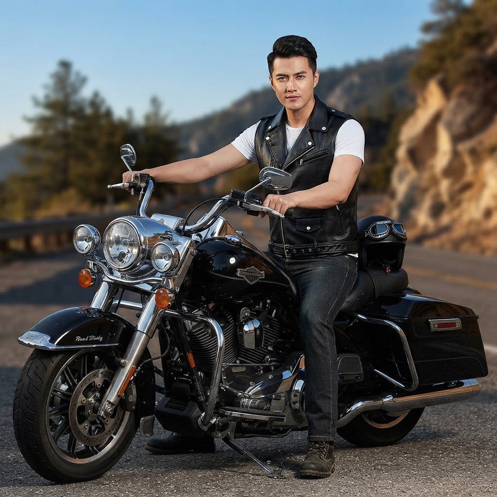 Men's Black Faux Leather Motorcycle Vest