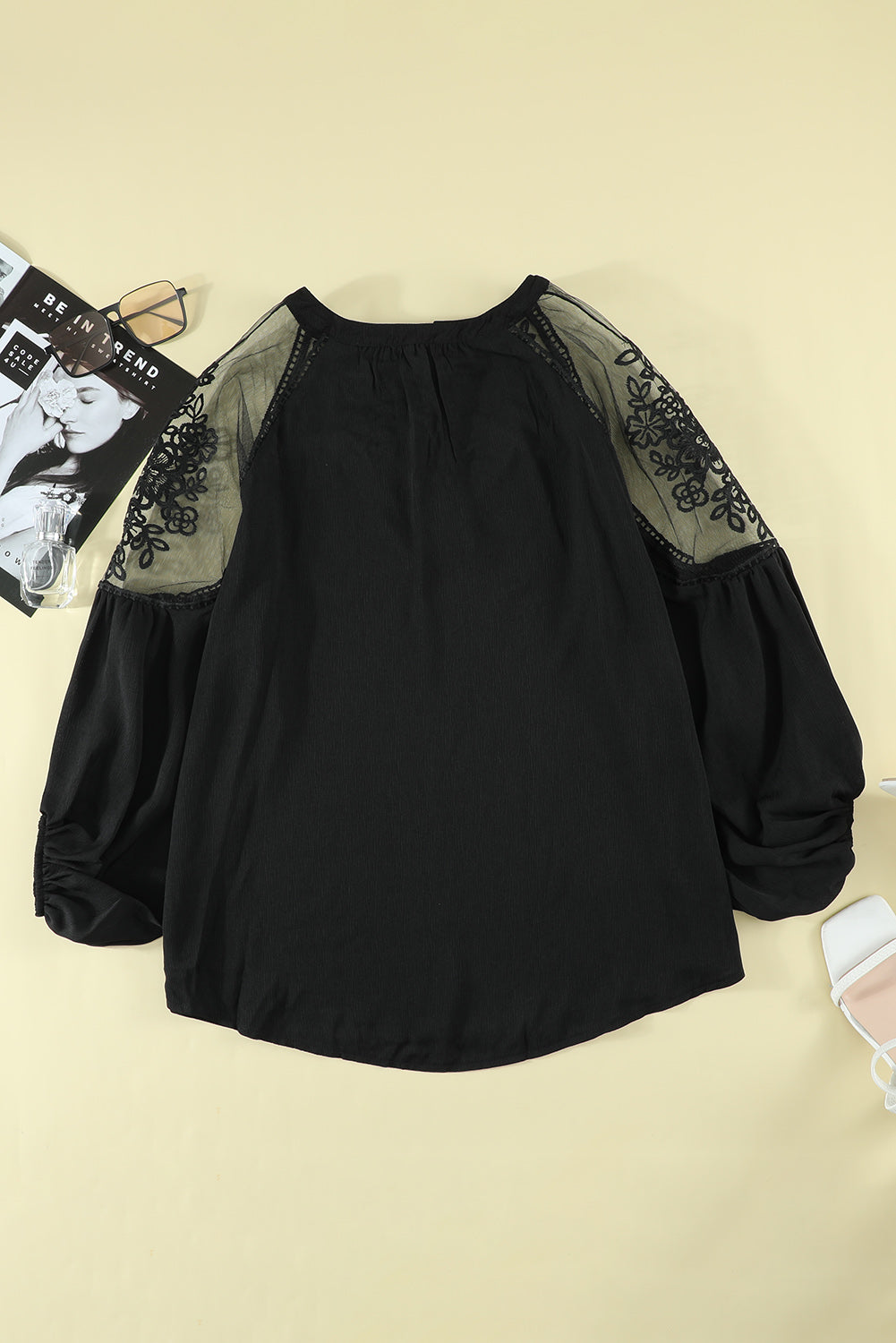 Lace-Detail Tie-Neck Blouse
