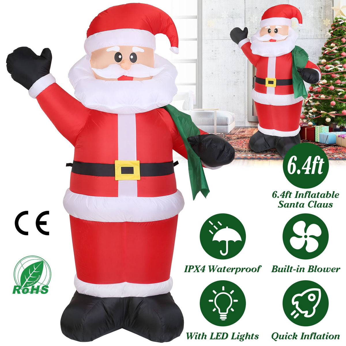6.4ft Inflatable Christmas Giant Santa Claus Blow up Light up Santa Claus with LED Lights Gift Bag