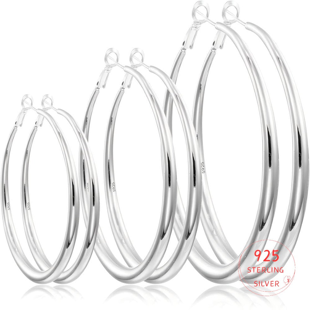 925 Sterling Silver Round Hoop Earrings – 40–60mm