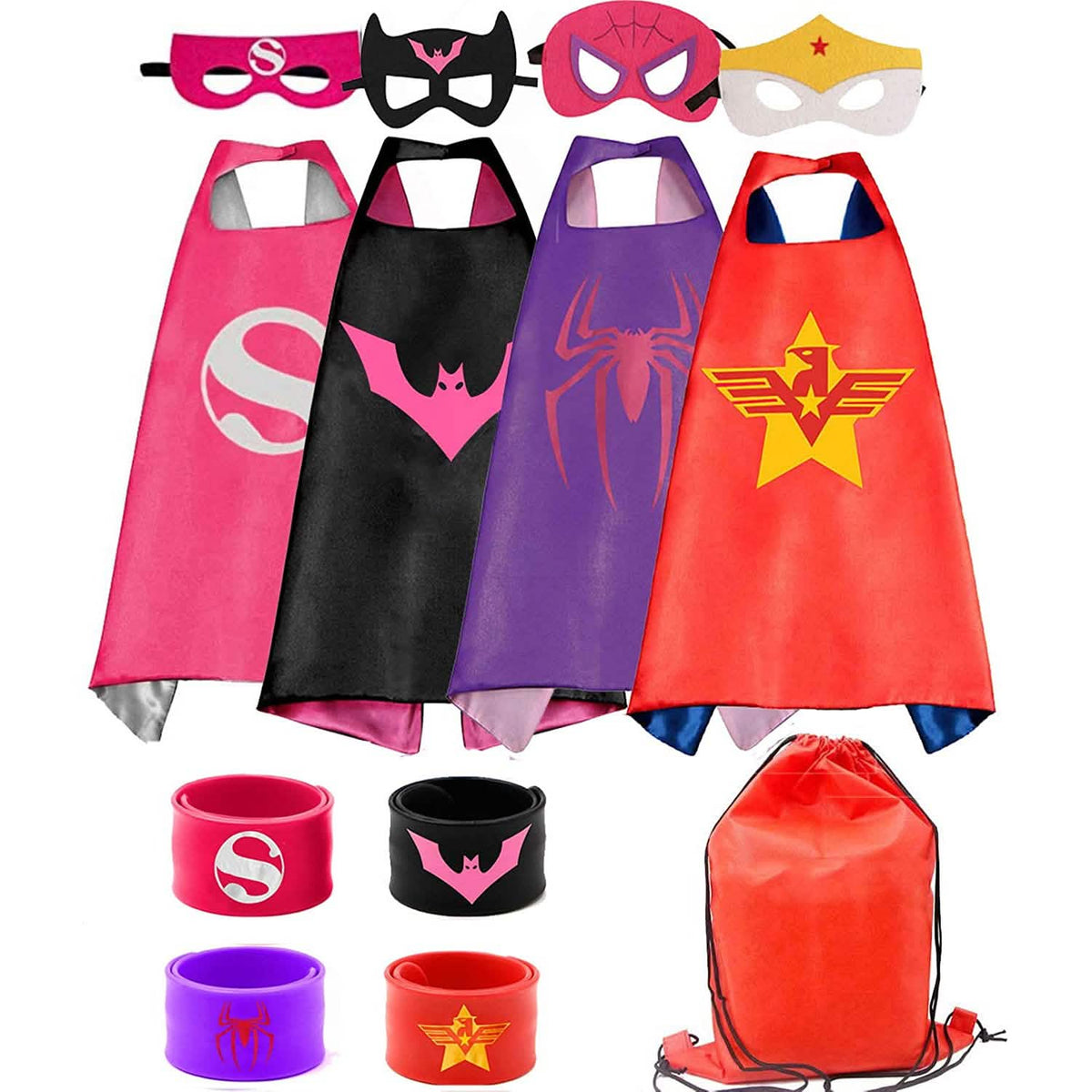 Girls’ Superhero Dress-Up Capes & Slap Bracelets Set, 4 Pieces