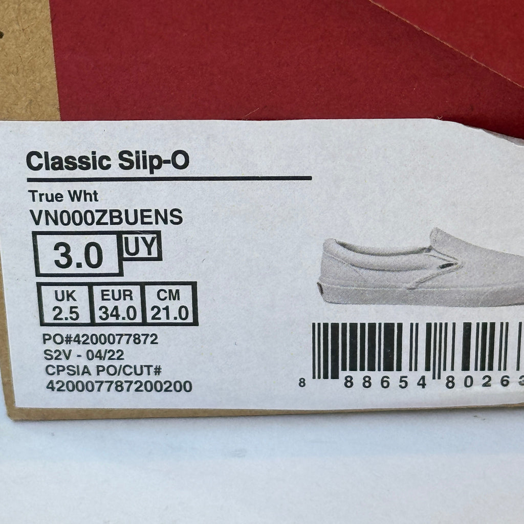 Vans Kids’ Classic Slip-On Sneakers — All White, New