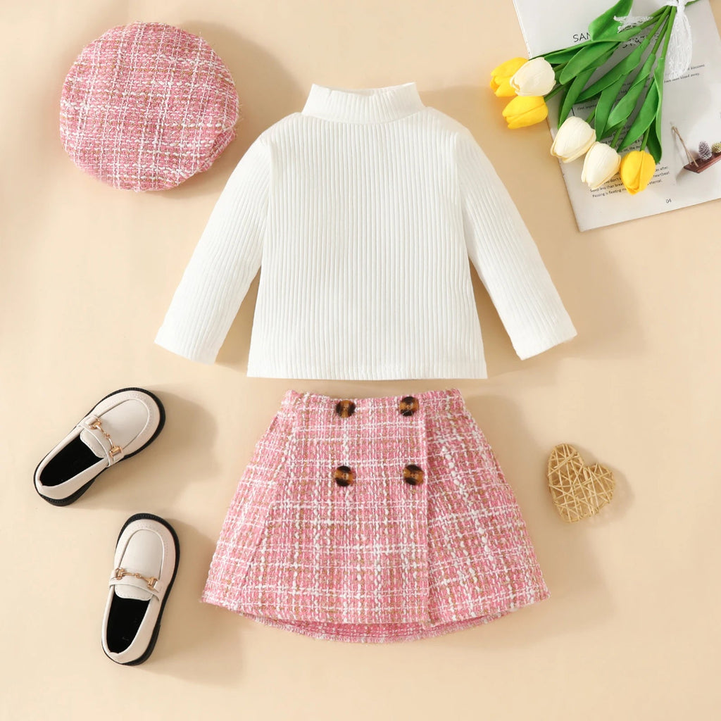 Baby Girls' Knit Top, Plaid Skirt & Hat Set
