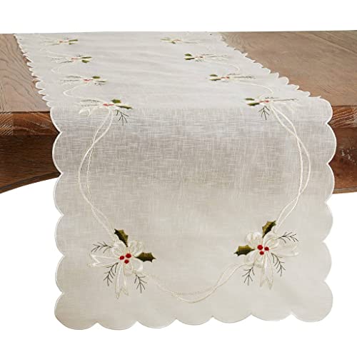 Holly & Ribbon Embroidered Christmas Table Linens