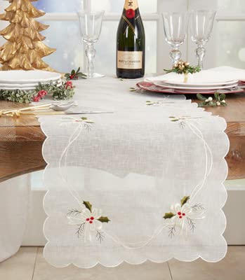 Holly & Ribbon Embroidered Christmas Table Linens