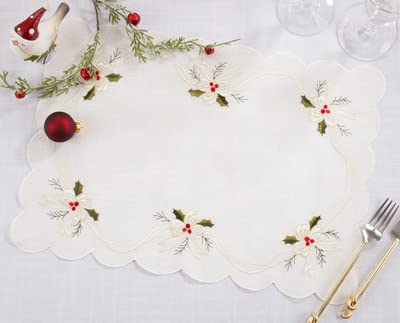 Holly & Ribbon Embroidered Christmas Table Linens