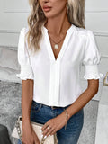 Notched-Neck Short-Sleeve Blouse