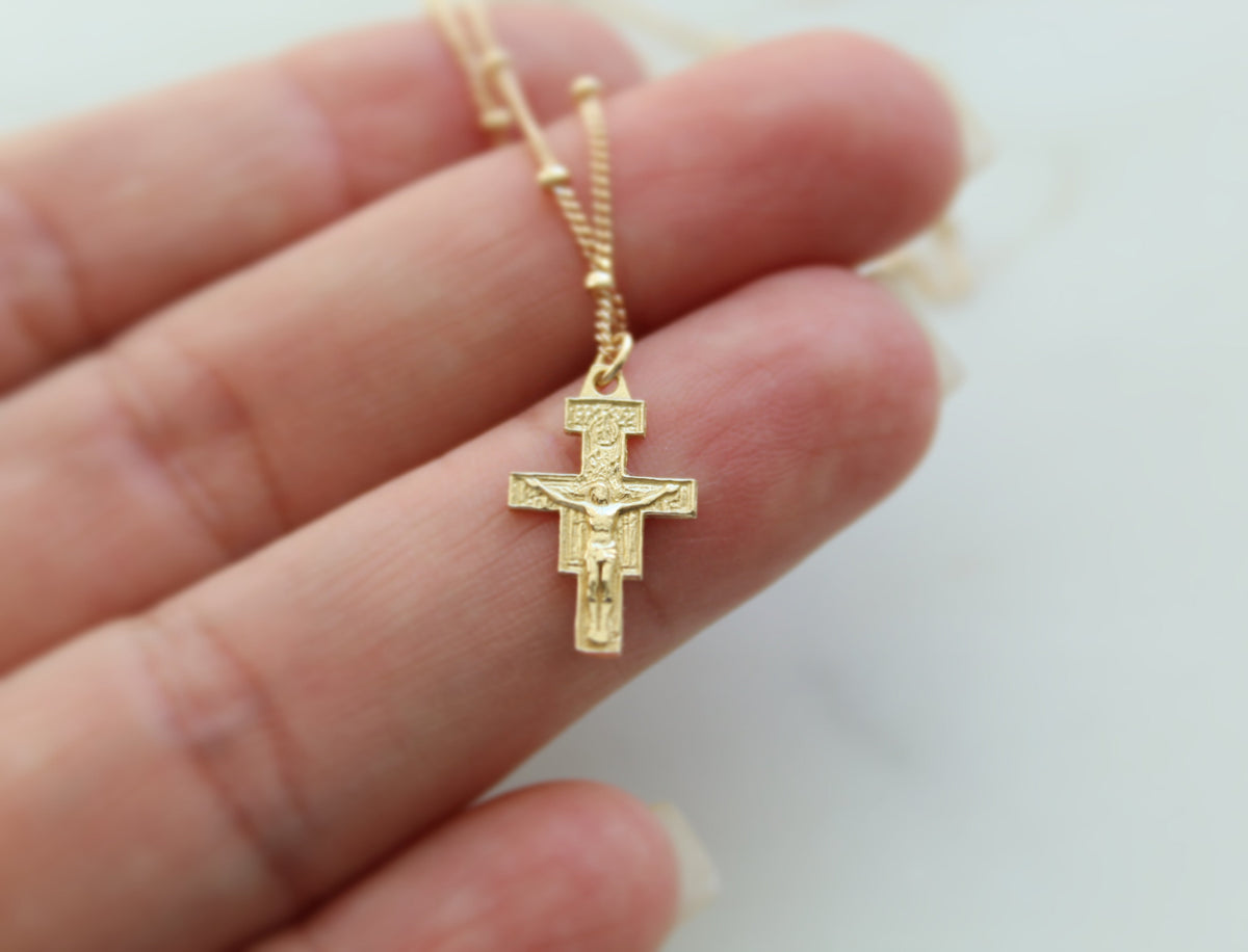 14K Gold San Damiano Crucifix Necklace