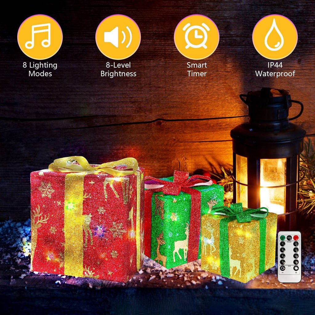 Set of 3 Christmas Lighted Gift Boxes Christmas Present Ornament 50 LED Christmas Box Decorations