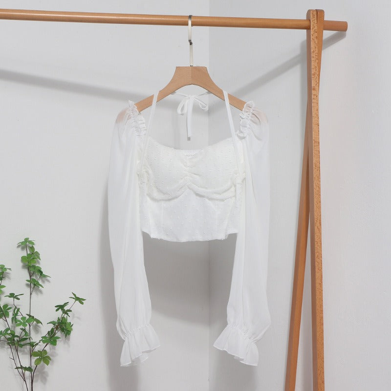 Lace-Up Square-Neck Lantern-Sleeve Crop Top