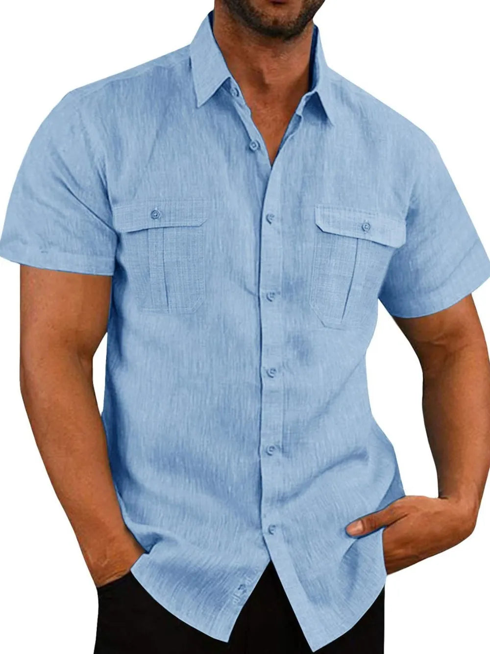 Men's Plus Size Short-Sleeve Linen-Cotton Shirt