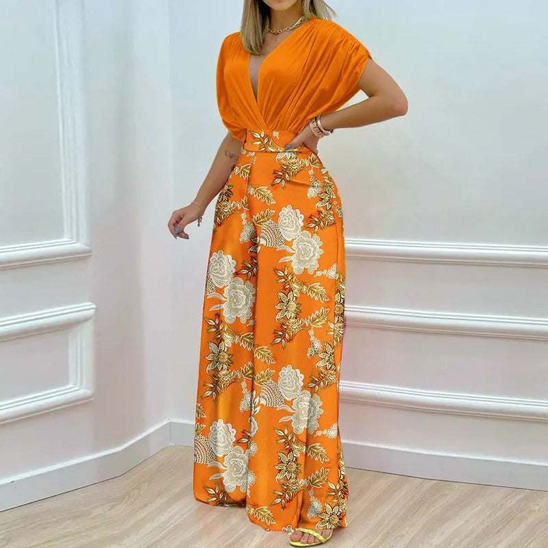 Printed V-Neck Top & Wide-Leg Pants Set