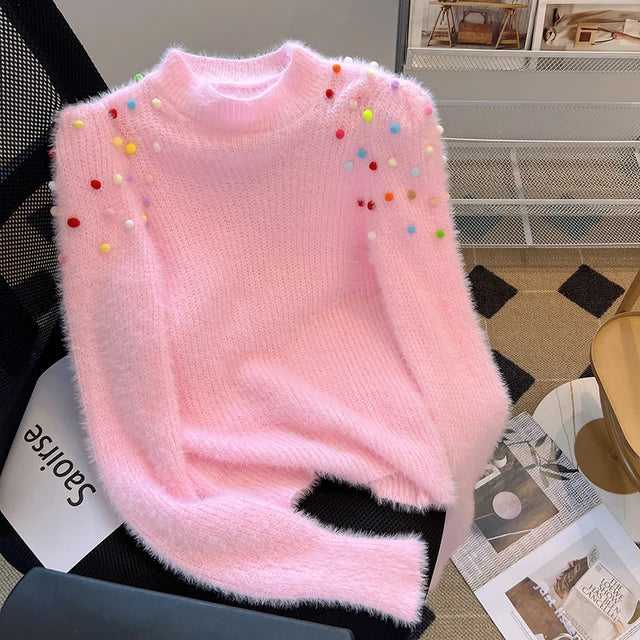 Colorful Pom-Pom Patchwork Cropped Sweater