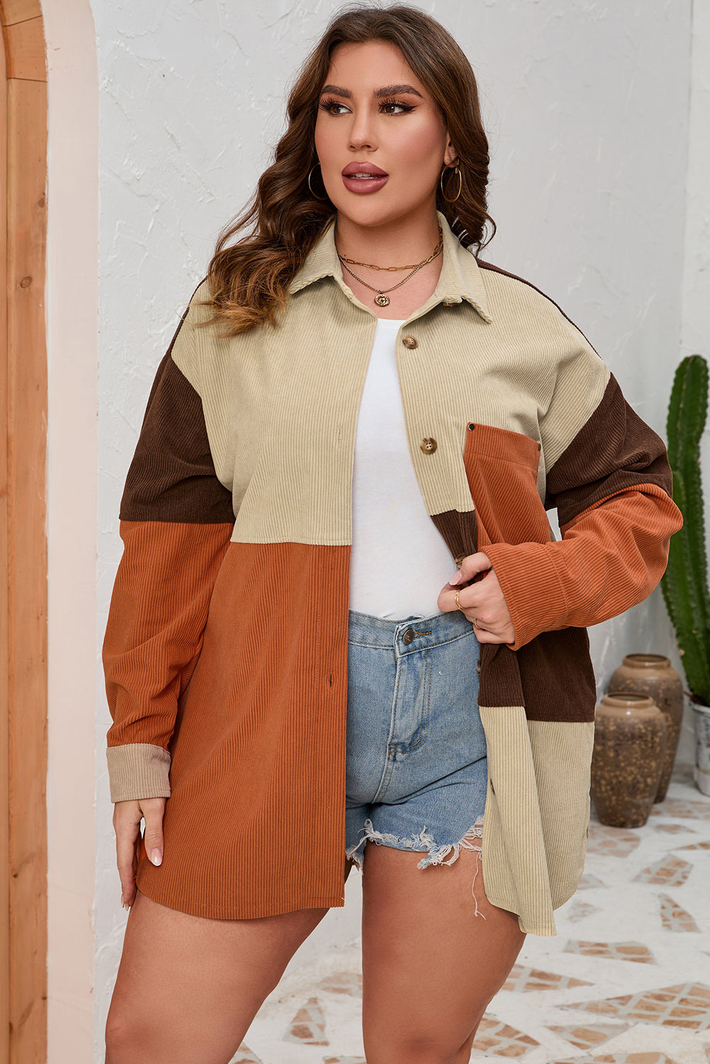 Women's Plus Size Corduroy Color-Block Jacket