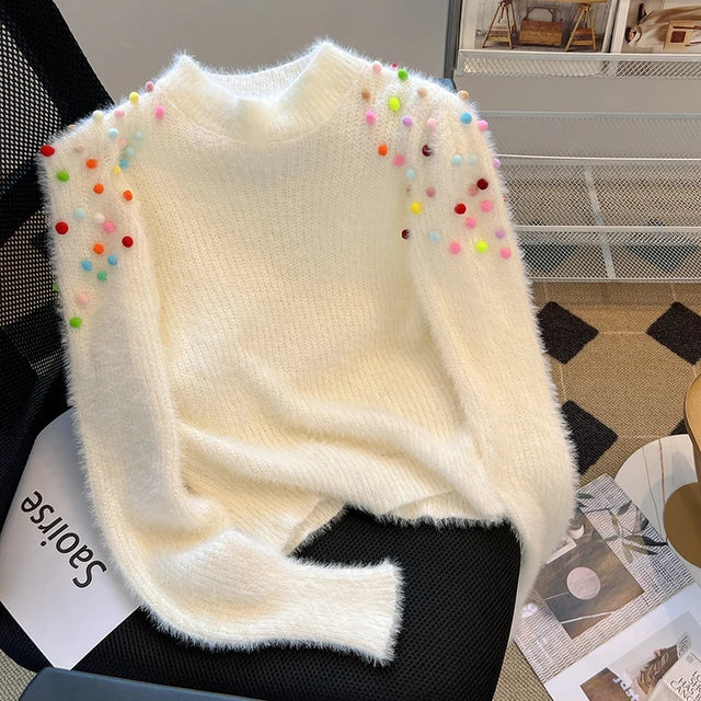 Colorful Pom-Pom Patchwork Cropped Sweater