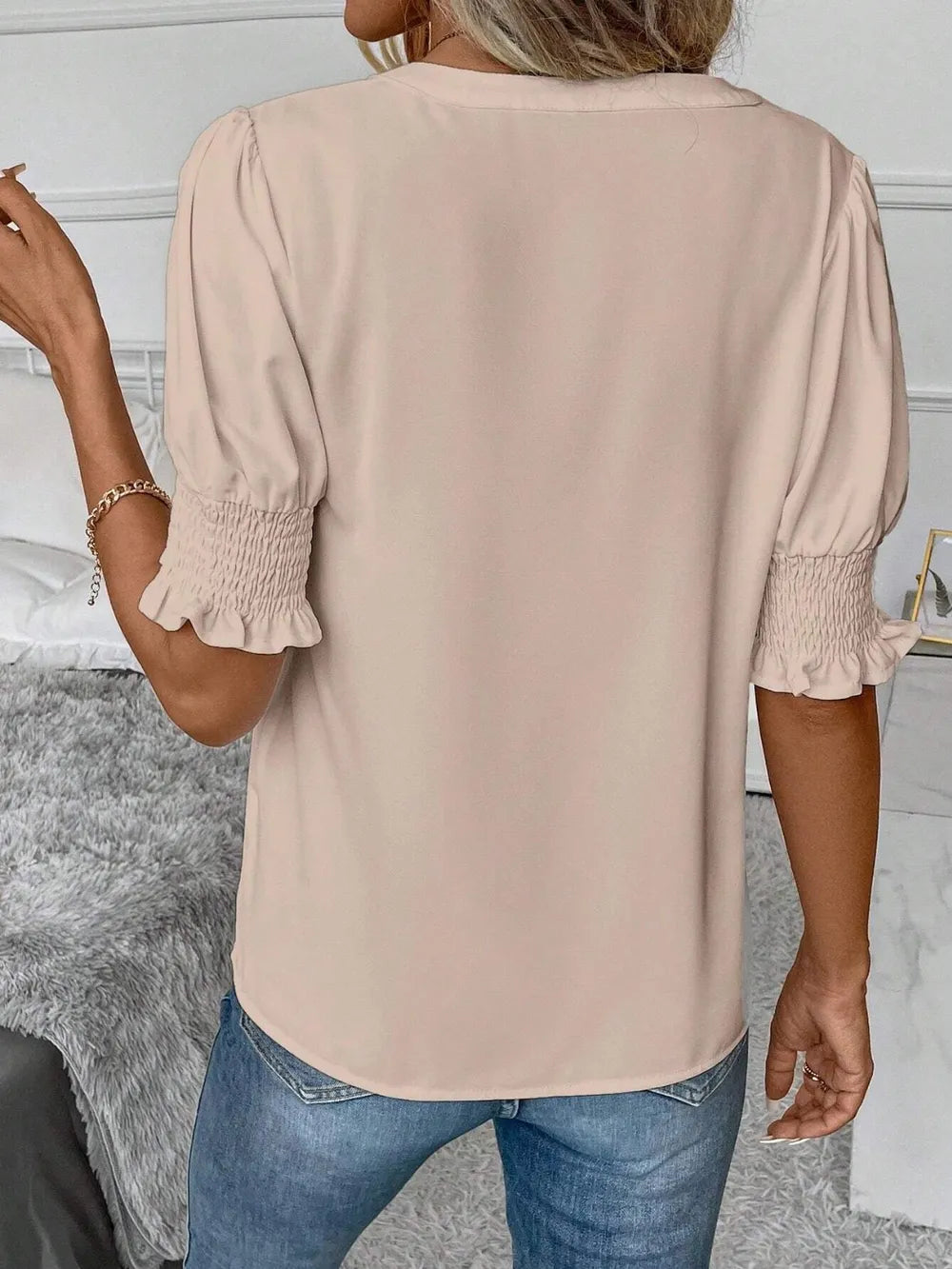 Notched-Neck Short-Sleeve Blouse