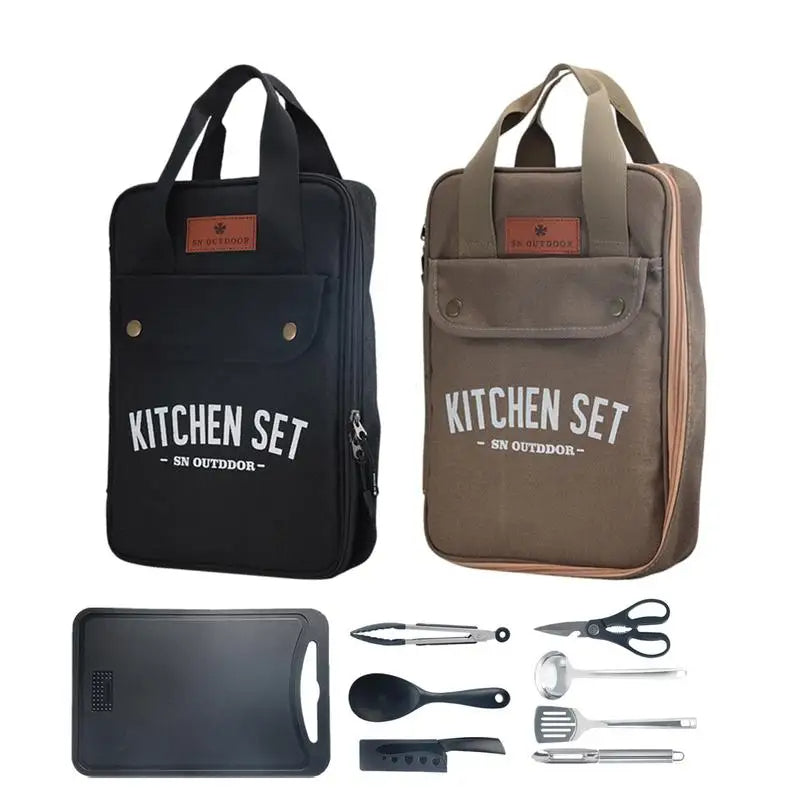 8-Piece Stainless Steel Camping Kitchen Utensil Set with Organizer