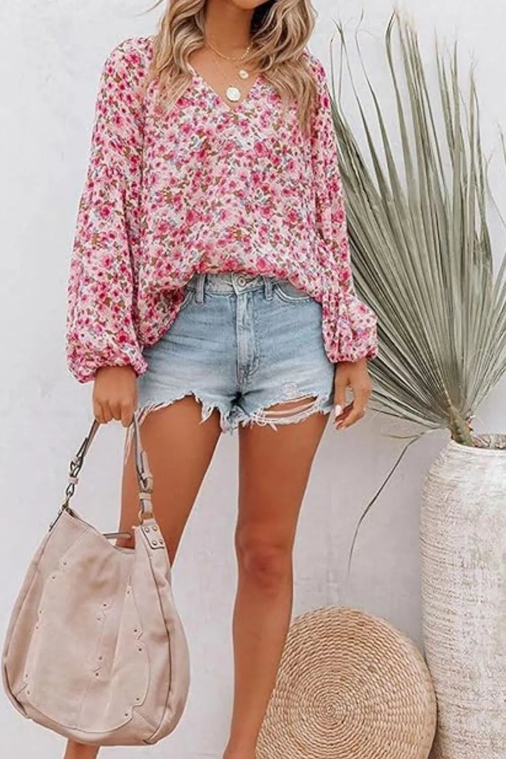 Women's Printed Notched-Neck Long-Sleeve Blouse