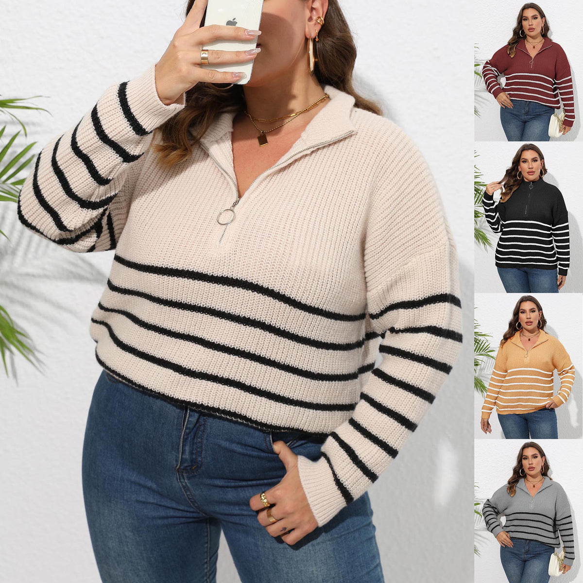 Women's Plus Size Striped Zip-Detail Knit Sweater
