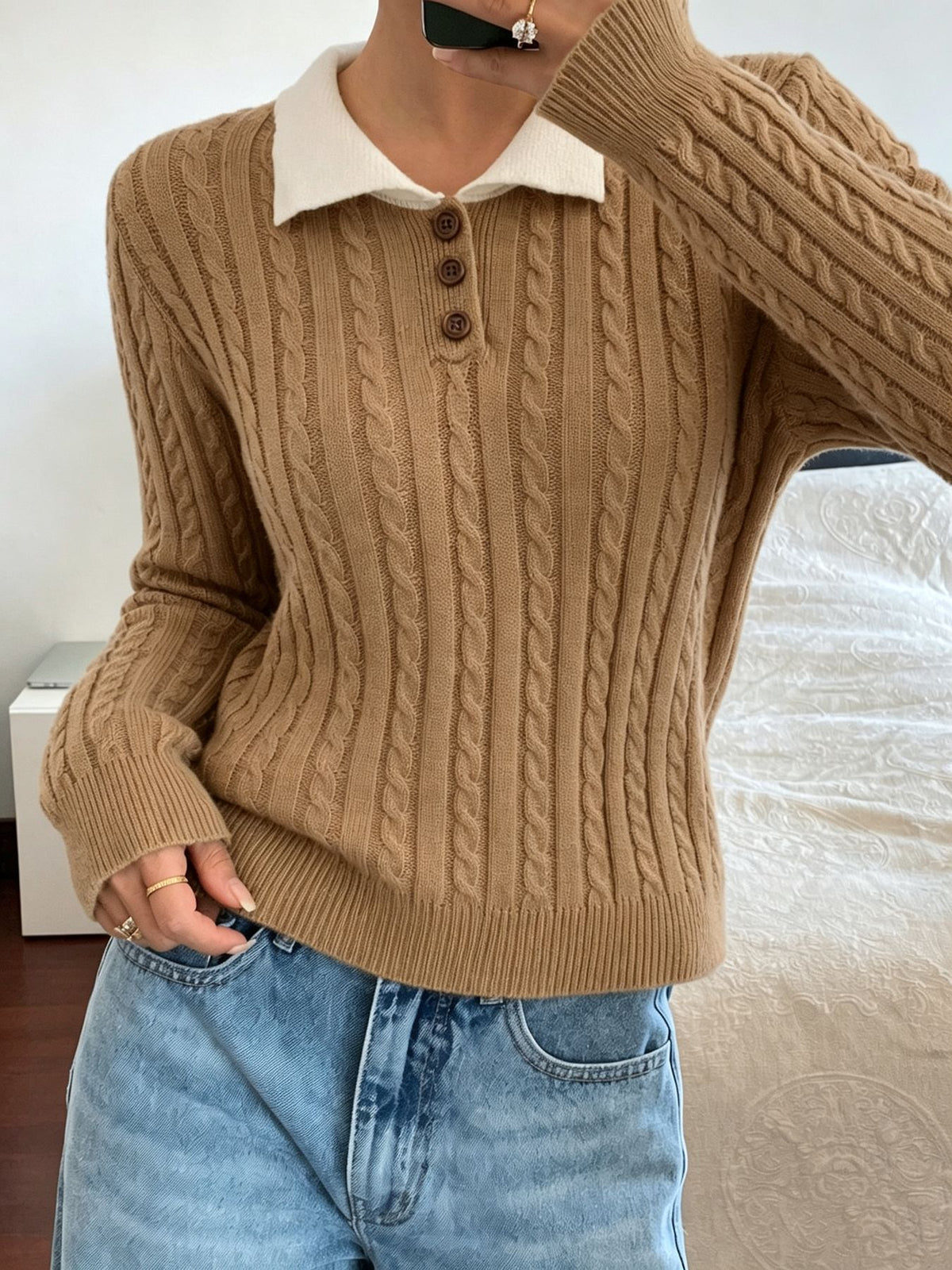 Polo-Collar Long-Sleeve Sweater