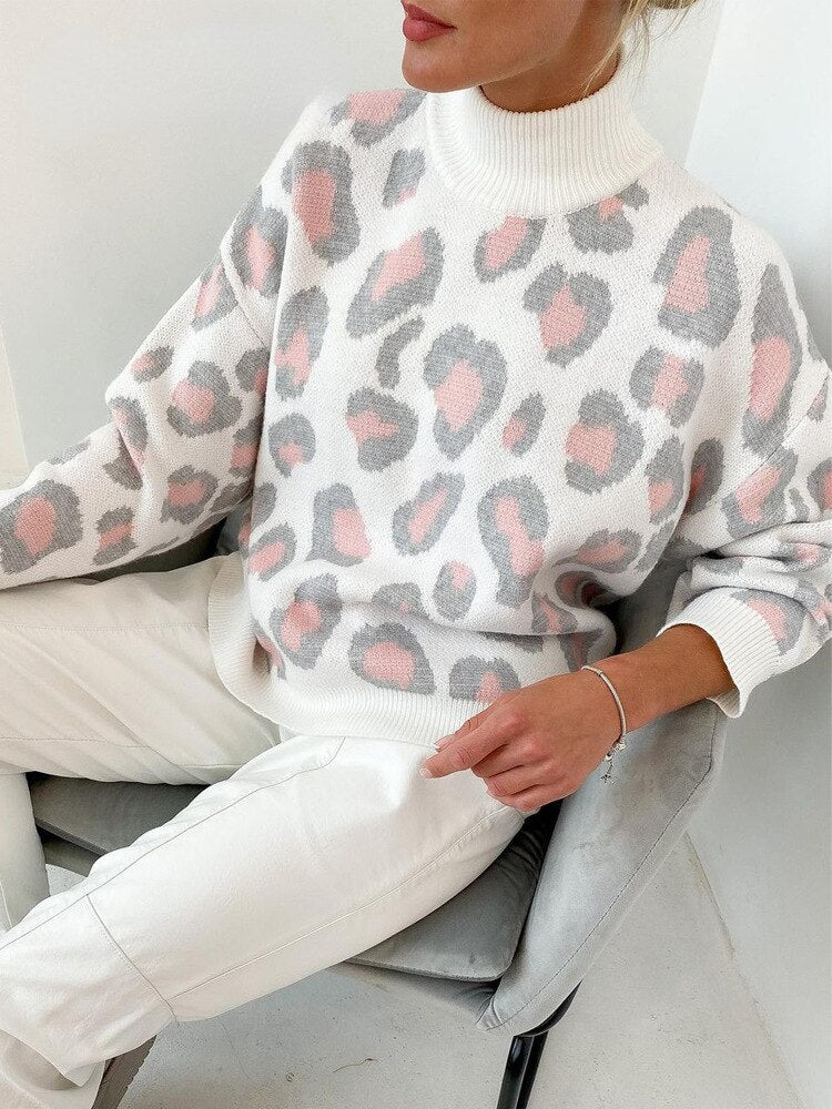 Relaxed Leopard-Print Mock-Neck Sweater