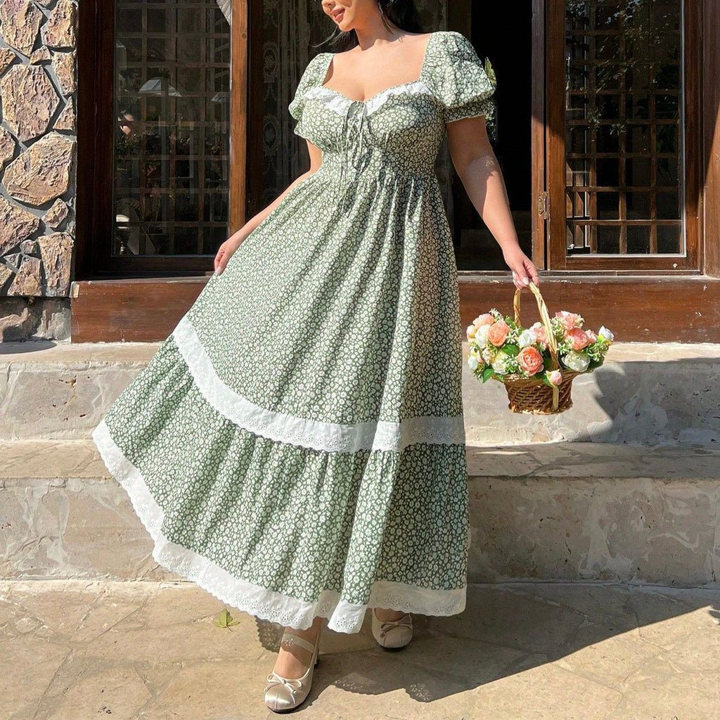 Women's Plus Size Ruffle Square-Neck Puff-Sleeve Dress