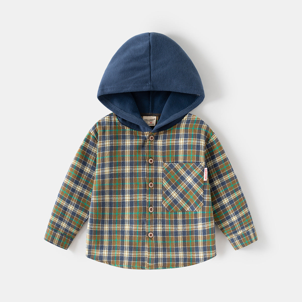 Long Sleeve Shirt for Boys with Hooded Plaid Design
