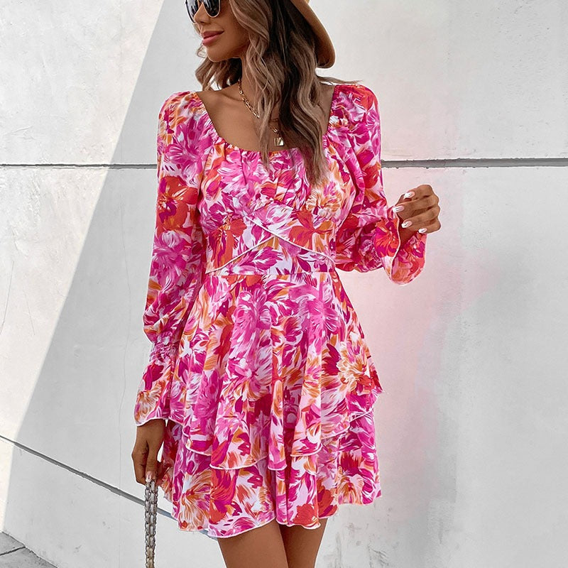 Floral Square-Neck Ruffle-Sleeve Midi Dress