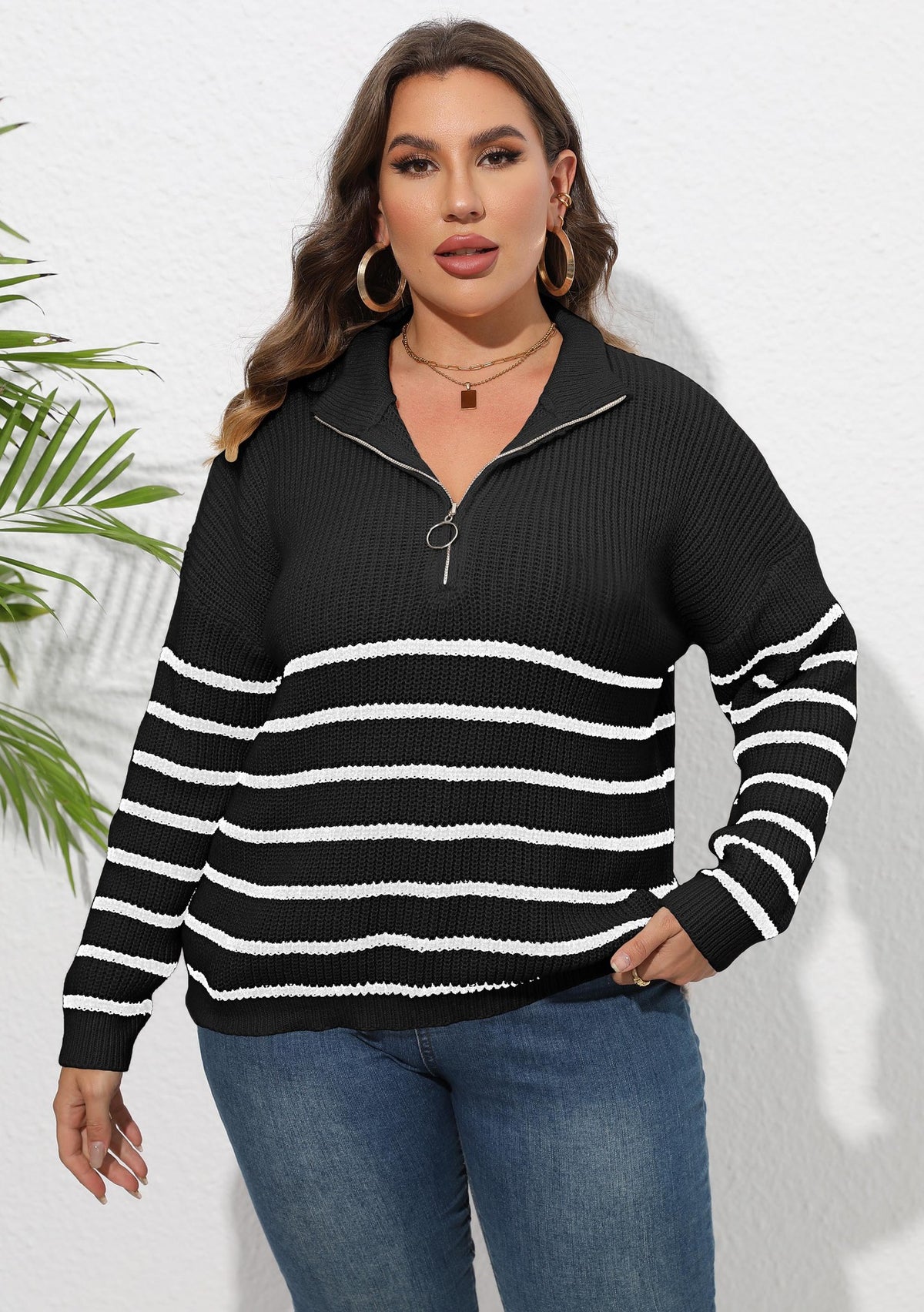 Women's Plus Size Striped Zip-Detail Knit Sweater