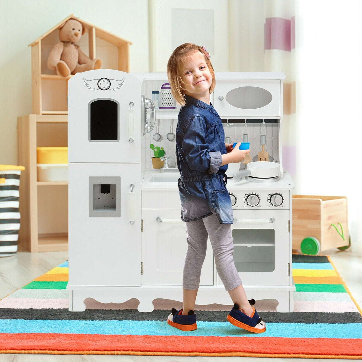 Kids' Pretend Play Kitchen with Water Dispenser & Cookware
