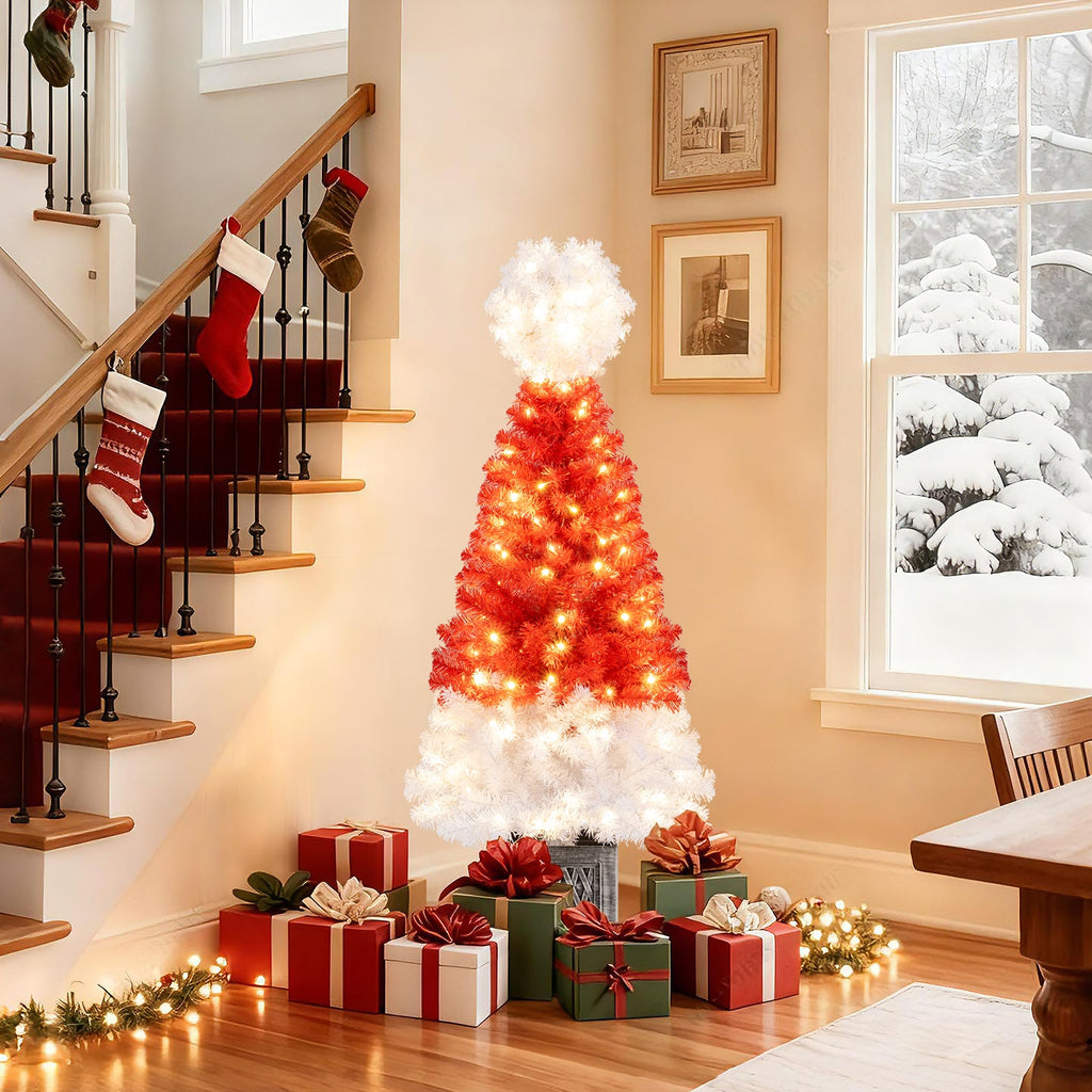 4 Ft Artificial Christmas Tree Santa Hat Christmas Tree with 300 Branch Tips Red