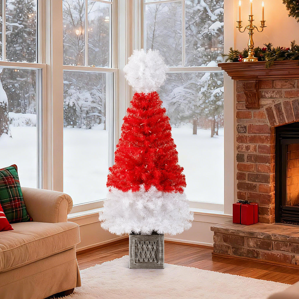 4 Ft Artificial Christmas Tree Santa Hat Christmas Tree with 300 Branch Tips Red