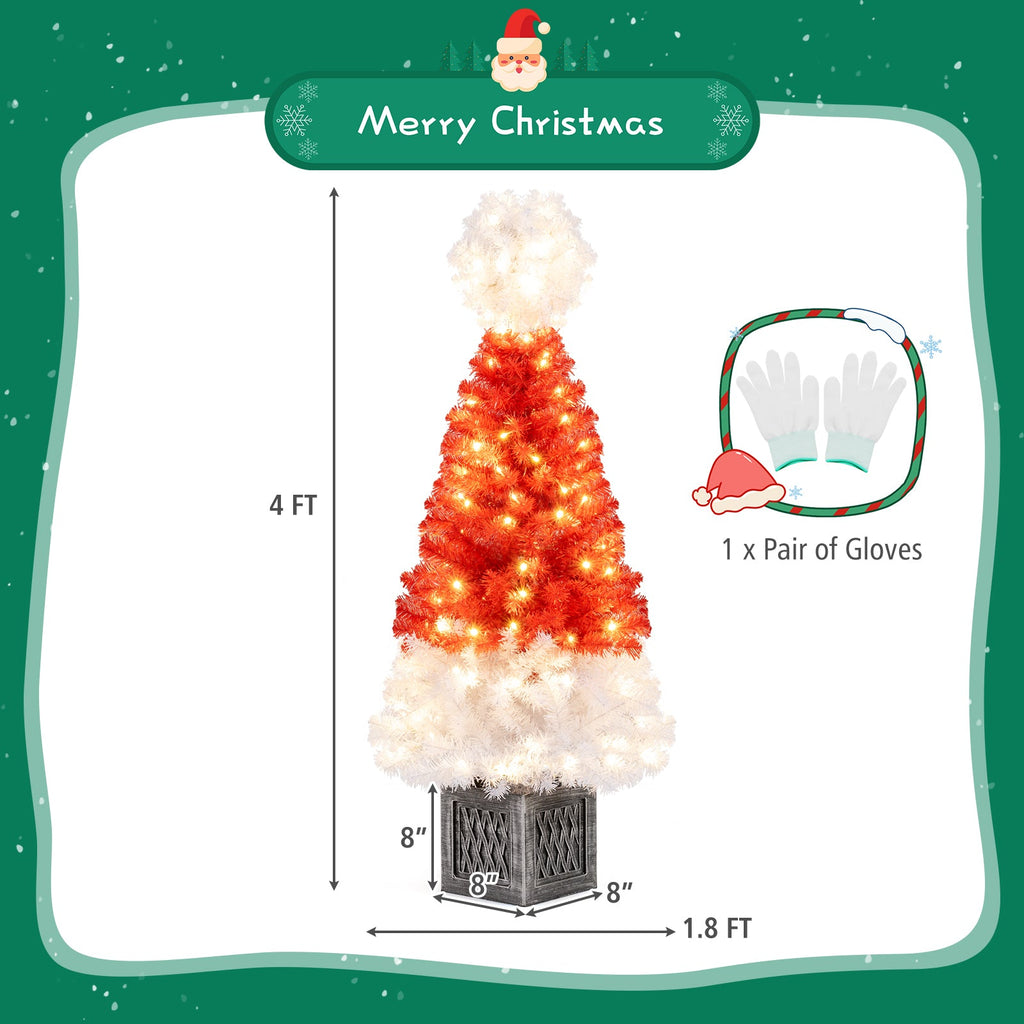 4 Ft Artificial Christmas Tree Santa Hat Christmas Tree with 300 Branch Tips Red