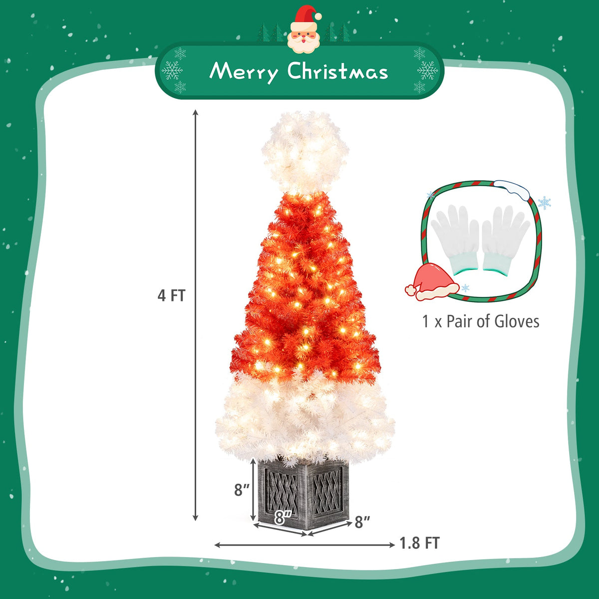 4 Ft Artificial Christmas Tree Santa Hat Christmas Tree with 300 Branch Tips Red