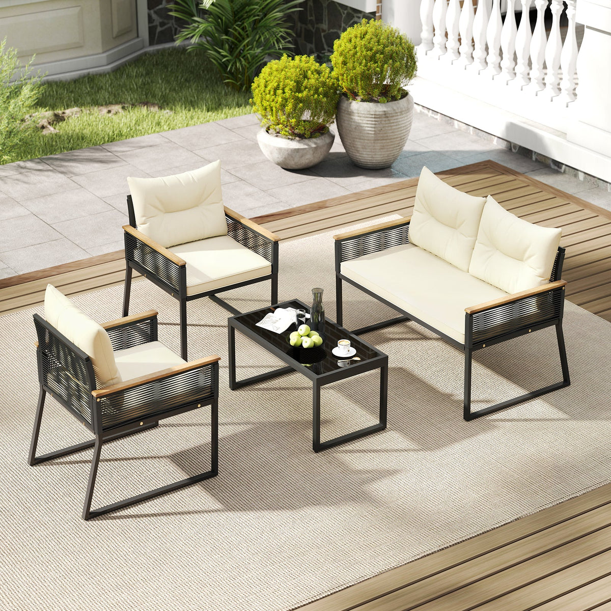 4-Piece Outdoor Patio Conversation Set with Glass Table