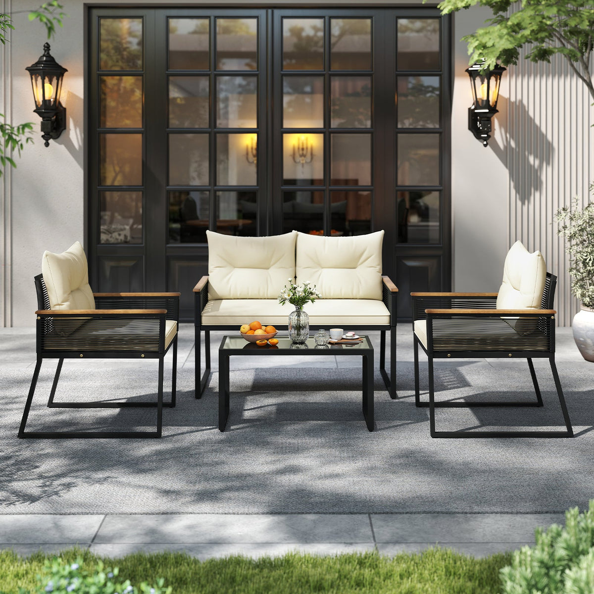 4-Piece Outdoor Patio Conversation Set with Glass Table