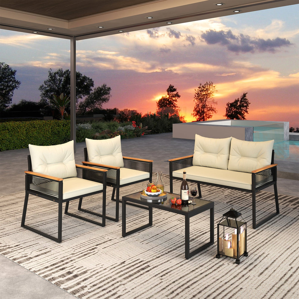 4-Piece Outdoor Patio Conversation Set with Glass Table