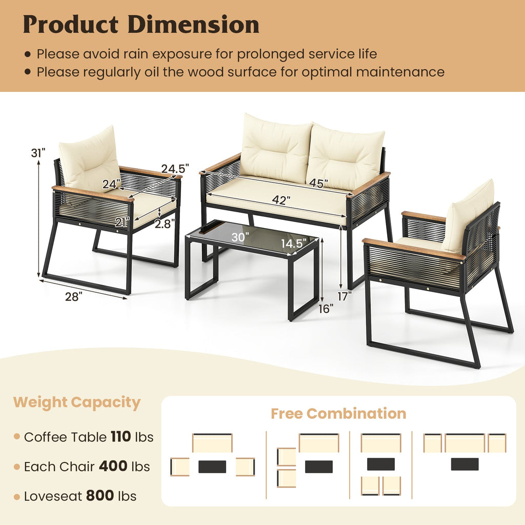 4-Piece Outdoor Patio Conversation Set with Glass Table
